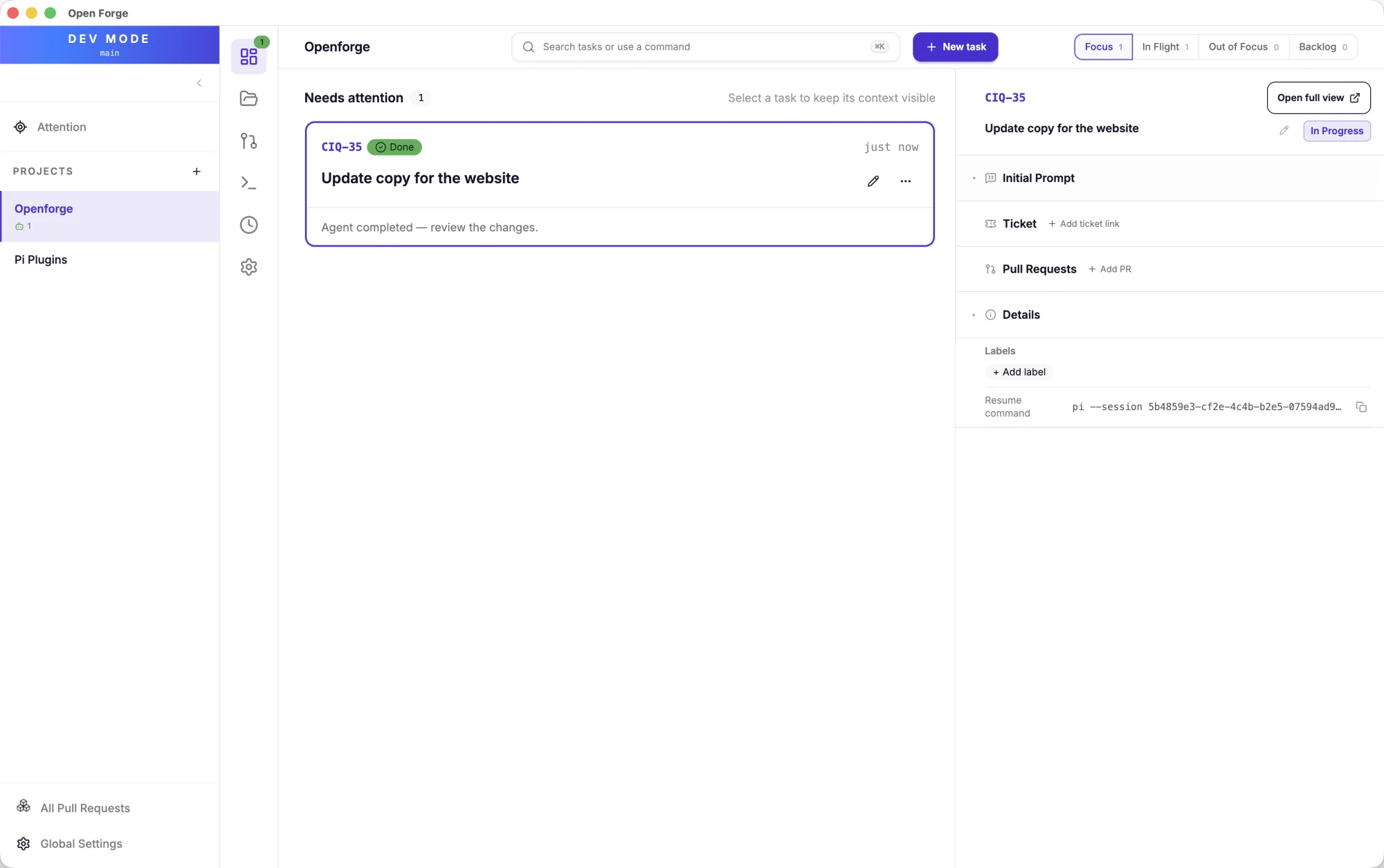 OpenForge Focus view with a completed website task selected and its details open
