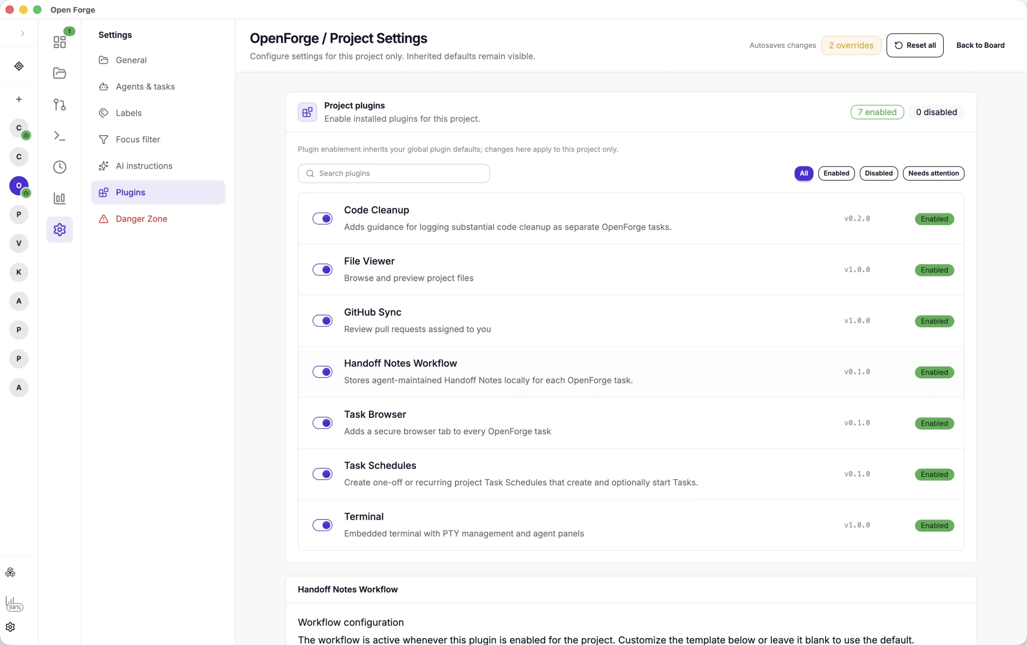 OpenForge project settings showing the enabled plugins for a project