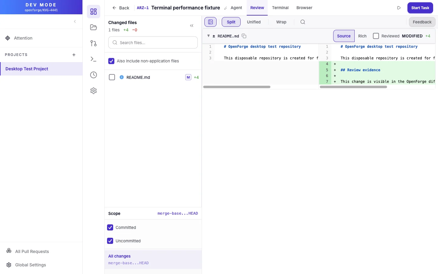 OpenForge Review tab showing a README diff and changed-file list